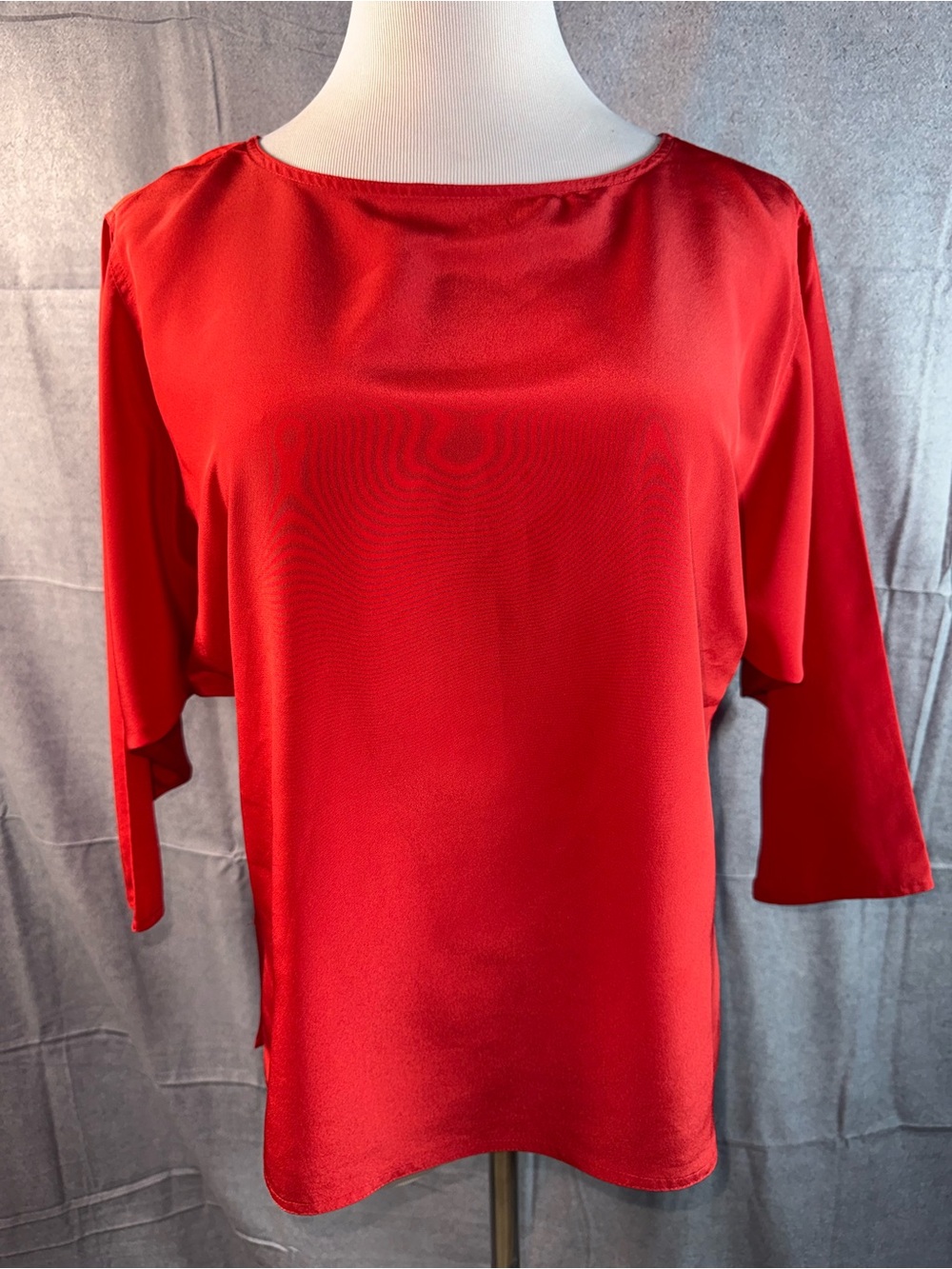 1390-Vintage Chaus Red Satin Boatneck Blouse with Three-Quarter Sleeves
